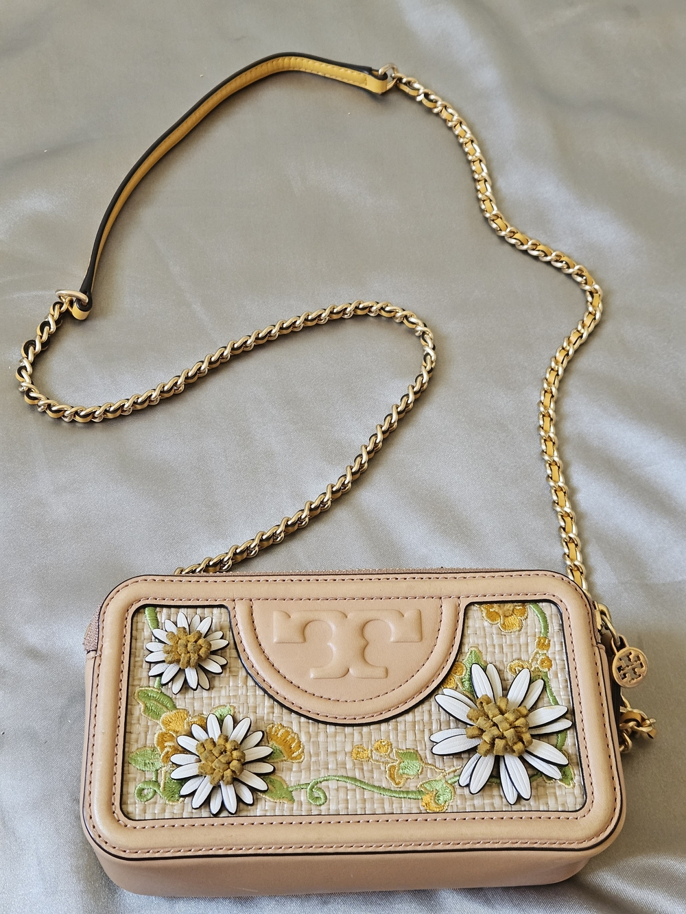 Tory Burch Fleming Embroidered Straw Double-Zip Mini Bag